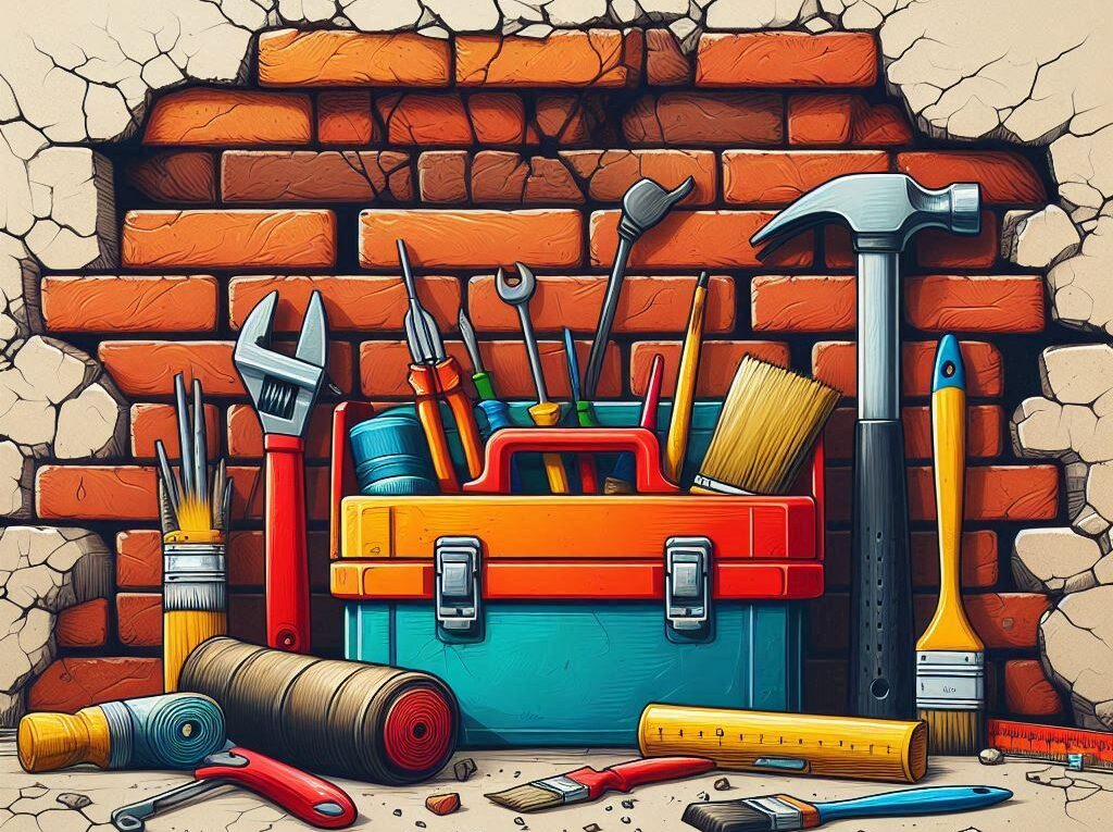 Comic image of a cracked wall with lots of tools in front of it